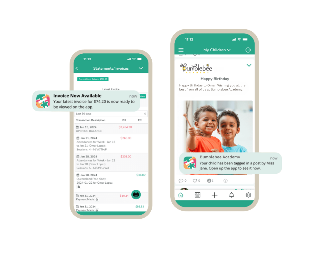 Parent App interface showing real-time updates and communication tools